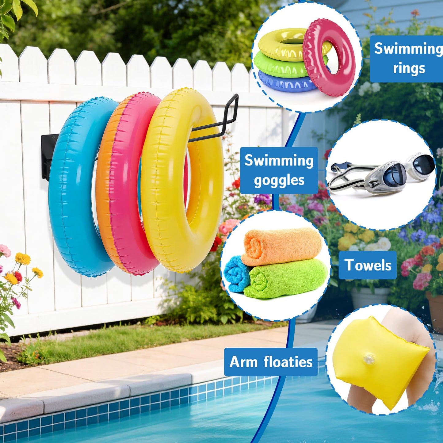 3 Pcs Pool Float Storage Holder, 16.5 Inch Wall Mount Pool Float Organizer Storage Rack with Hangers for Swimming Ring, Towel, Tools & More Storage Indoor Outdoor Space-Saving (Oblique angle)