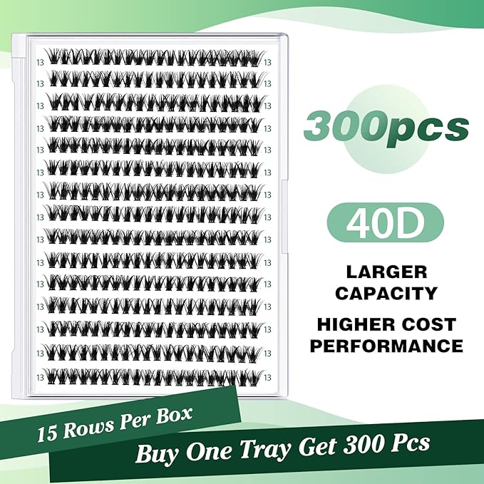 KEYYOU Lash Clusters 300pcs Individual Lashes 40D 0.07D Curl 13mm DIY Eyelash Extension Large Tray Volume Soft&Natural Cluster Lashes(40D-0.07D,13Ã¯Â¼Â