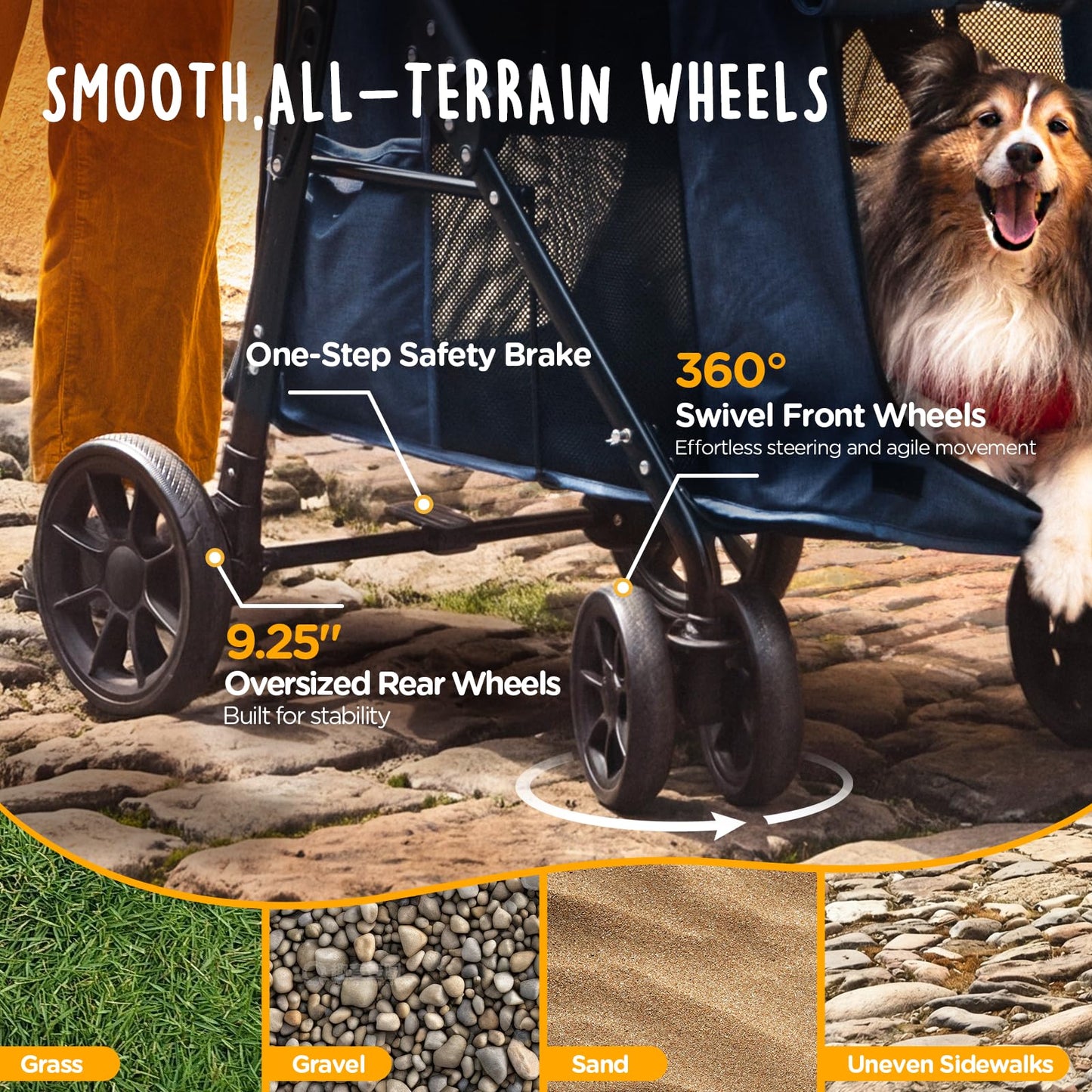 CANINE CANYON Scout Pet Stroller, Heavy Duty Dog Stroller for Large/Medium Dogs, Foldable Pet Stroller for 2 Small Dogs with All-Terrain Wheels, Storage Pocket & Cup Holder, 55 lbs Capacity, Navy Blue