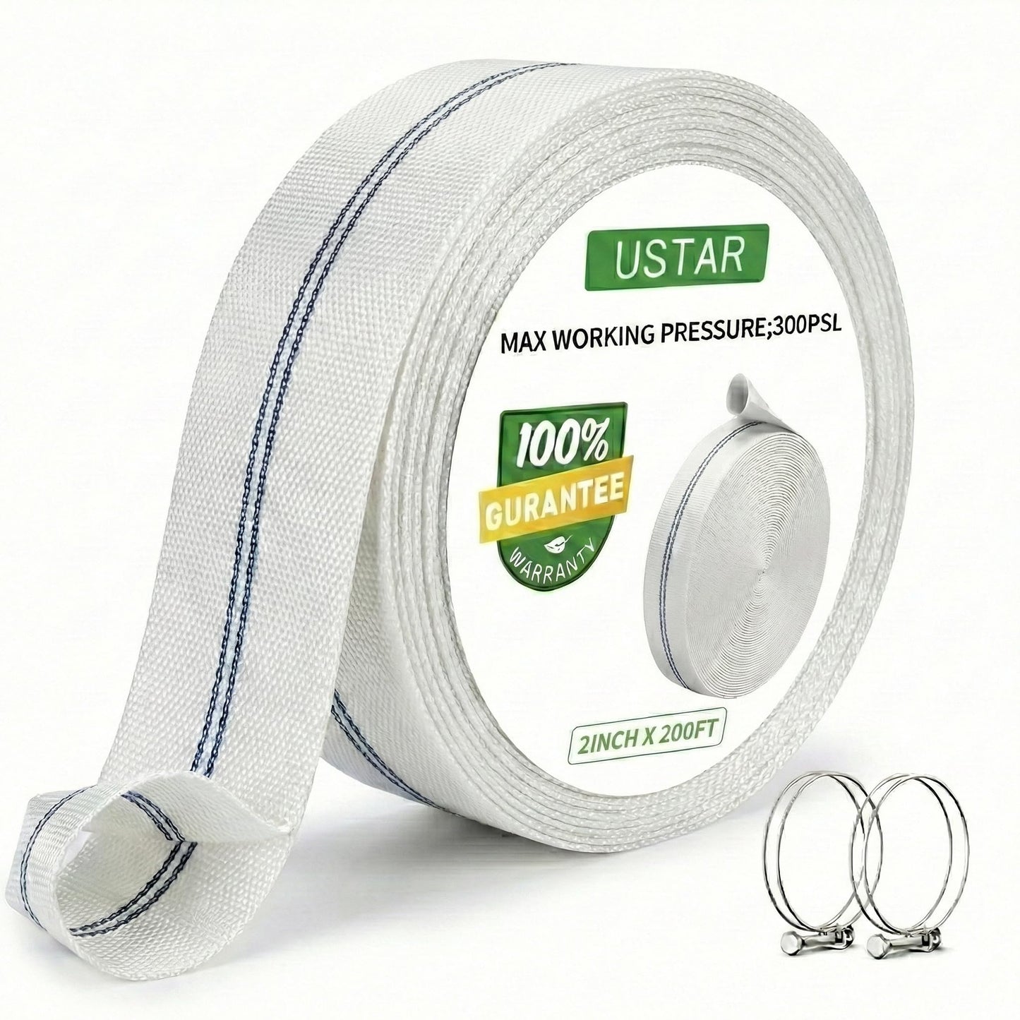 Pool Backwash Hose, 2" × 200 FT Heavy Duty Discharge Hose with 2 Clamps, Fire Hose Anti-Kink Reinforced Polyester & PU Lining, Weather Resistant Sump Pump Hose for Pool, Construction,Irrigation