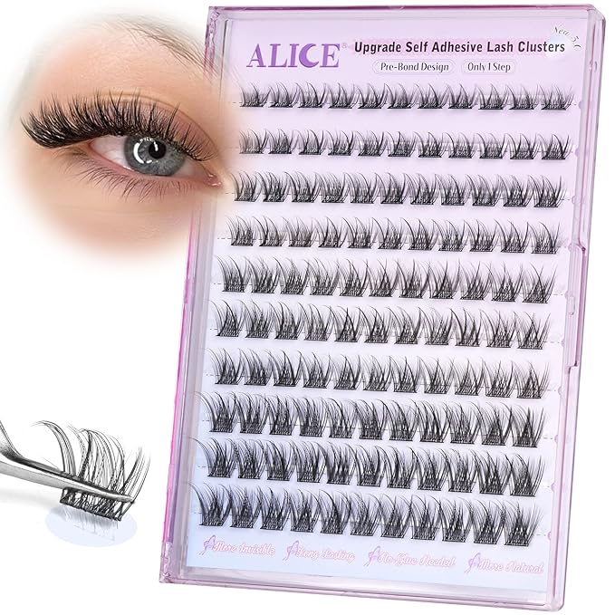 ALICE Self Adhesive Lashes Natural Look Self Adhesive Lash Clusters Wispy Reusable Press on Lashes Pre-Glue 8-14mm 120pcs C-Curly No Glue Needed Eyelashes