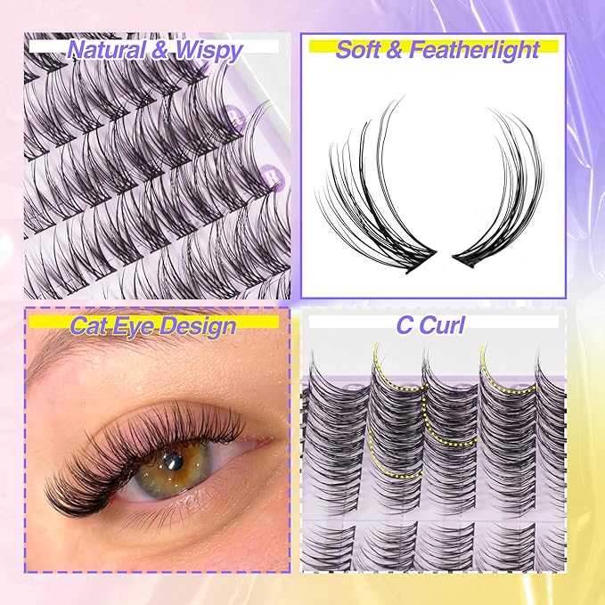 Lash Clusters Natural DIY Lash Extensions C-Curly Cluster Eyelash Extensions Cat Eye Left+Right Cluster Lashes 216 Pcs Wispy Eyelash Clusters for Beginners