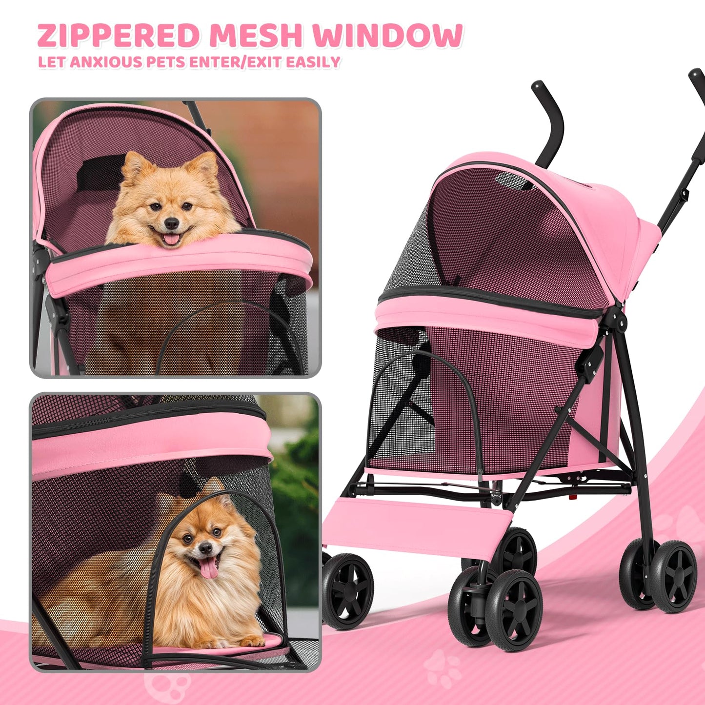 Magshion Compact Pet Stroller for Small-Medium Dogs/Cats up to 22lbs, 4-Wheel Lightweight Umbrella Shaped Portable Puppy Travel Jogger with Breathable Mesh, Cup Holder & Rear Storage, Pink