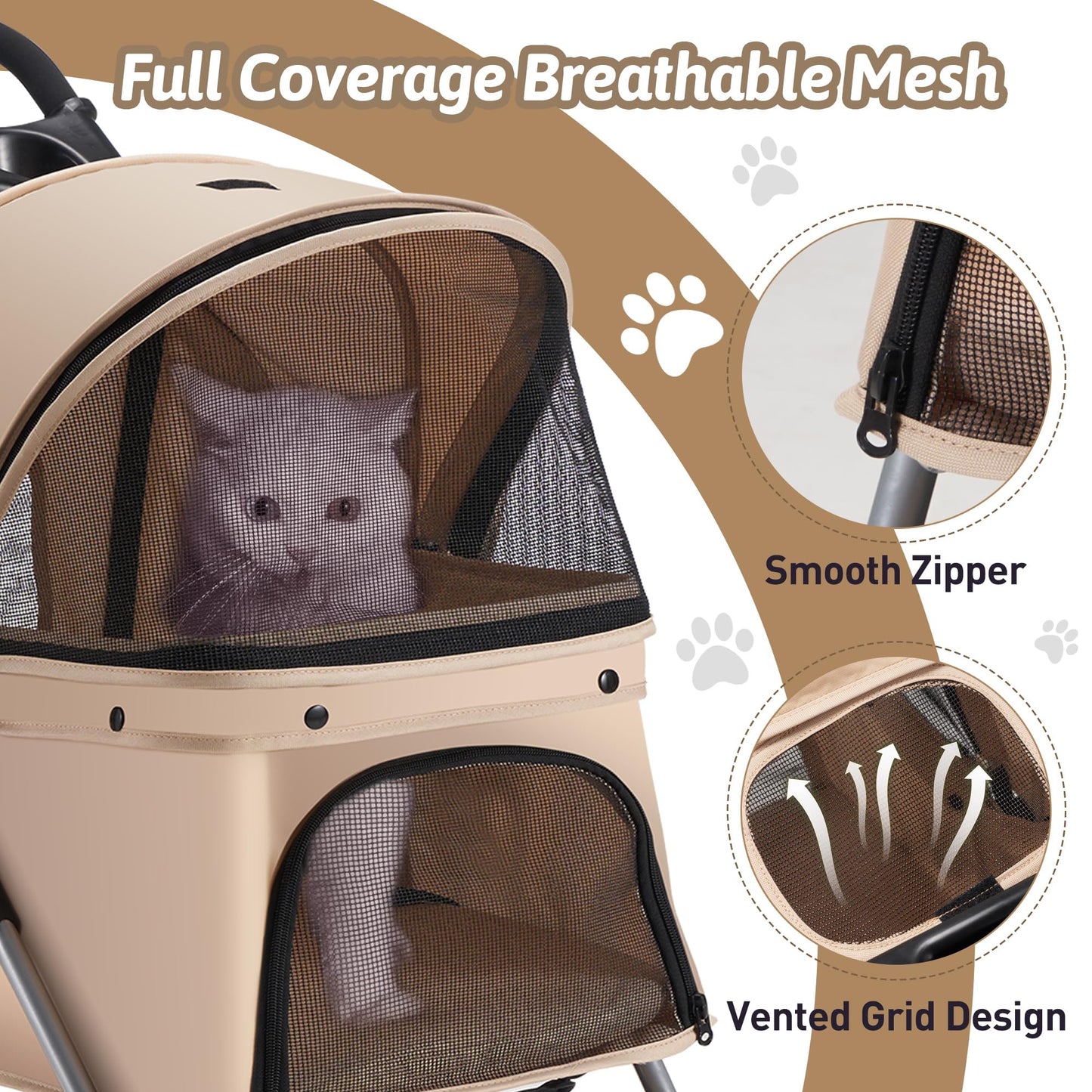 Azaeahom Pet Stroller, 4 Wheels Pet Strolling Cart for Medium/Small Dogs and Cats, Foldable Cat Jogger/Dog Stroller with Cup Holder, Storage Basket, Breathable Mesh, All-Season Pet Carrier, Khaki