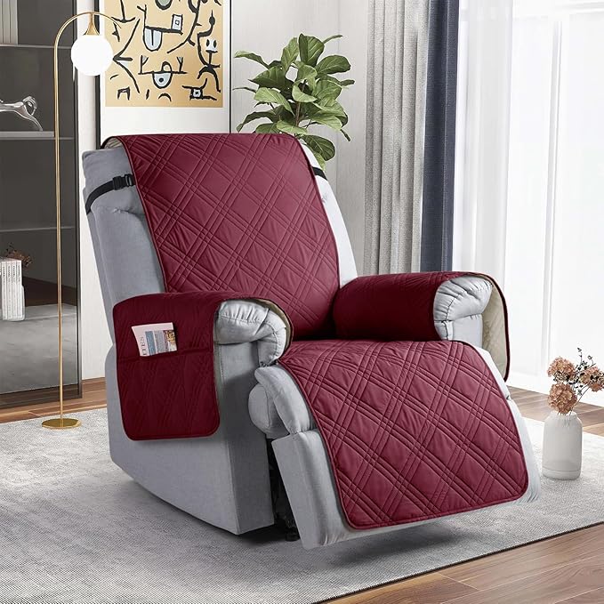 TAOCOCO 100% Waterproof Recliner Chair Covers, Non Slip Recliner Covers for Recliner Chair with Pocket, Washable Reclining Chair Cover Furniture Protector for Kids,Dogs(22'', Wine)