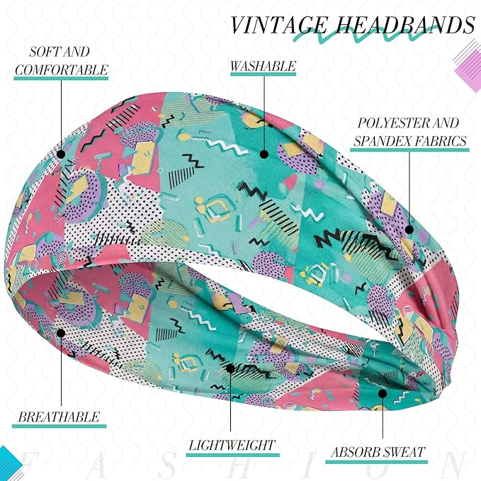 obeoby 8 Pack 80s Print Neon Headbands for Rave Outfits Women, 90s Retro Accessories Sport Hairbands for Party Style Festival Outfits Running Cycling
