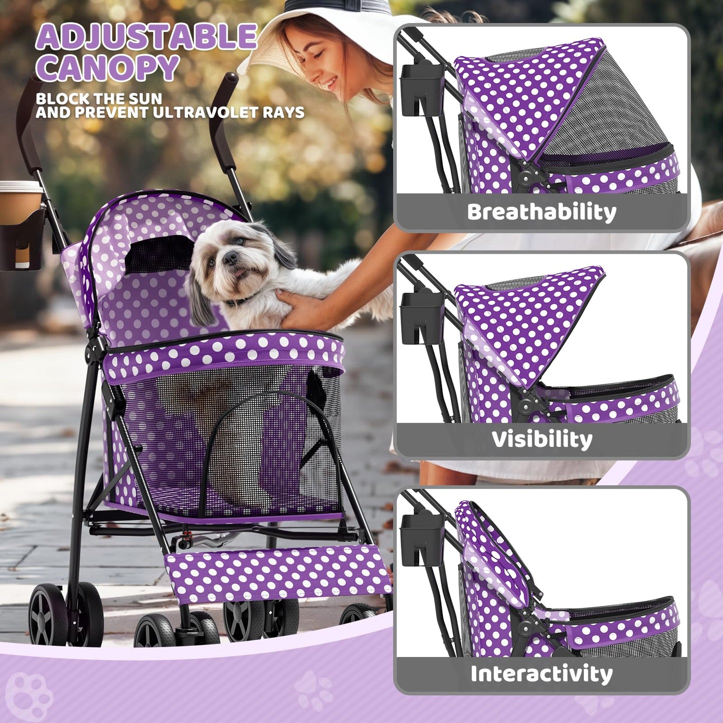 Magshion Compact Pet Stroller for Small-Medium Dogs/Cats up to 22lbs, 4-Wheel Lightweight Umbrella Shaped Portable Puppy Travel Jogger w/Breathable Mesh, Cup Holder & Rear Storage, Purple Polka Dots