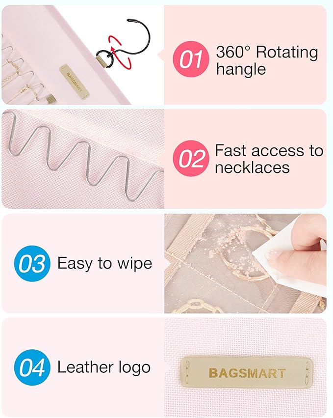 BAGSMART Hanging Jewelry Organizer Storage Roll with Hanger Metal Hooks Double-Sided Jewelry Holder for Earrings, Necklaces, Rings on Closet, Wall, Door, 1 piece, Large, Pink