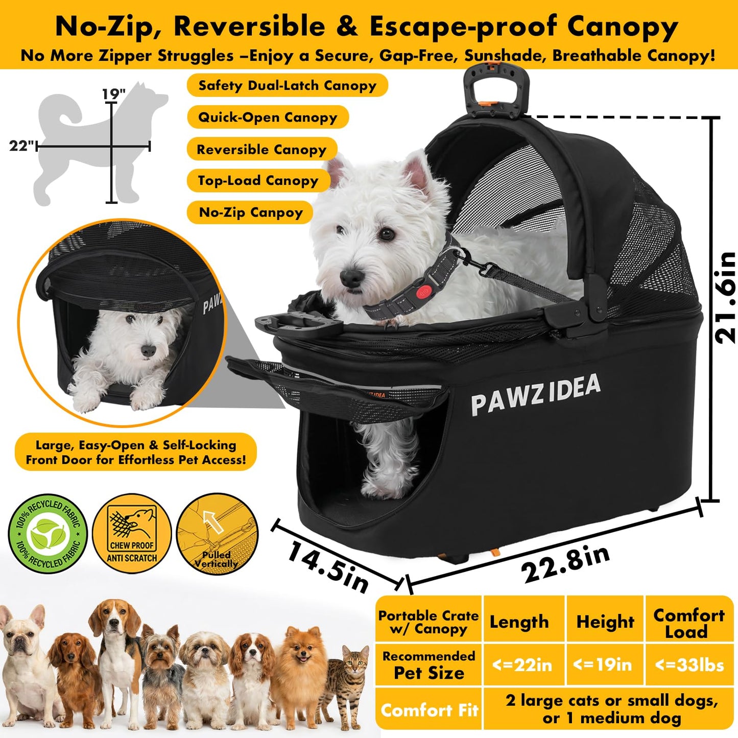 PAWZIDEA 4-in-1 Pet Stroller for Small Medium Dogs & Cats, Foldable Dog Stroller with Detachable Carrier, Escape-Proof No-Zip Canopy, Lightweight Portable Travel Crate & Car Seat Combo, Storage Basket