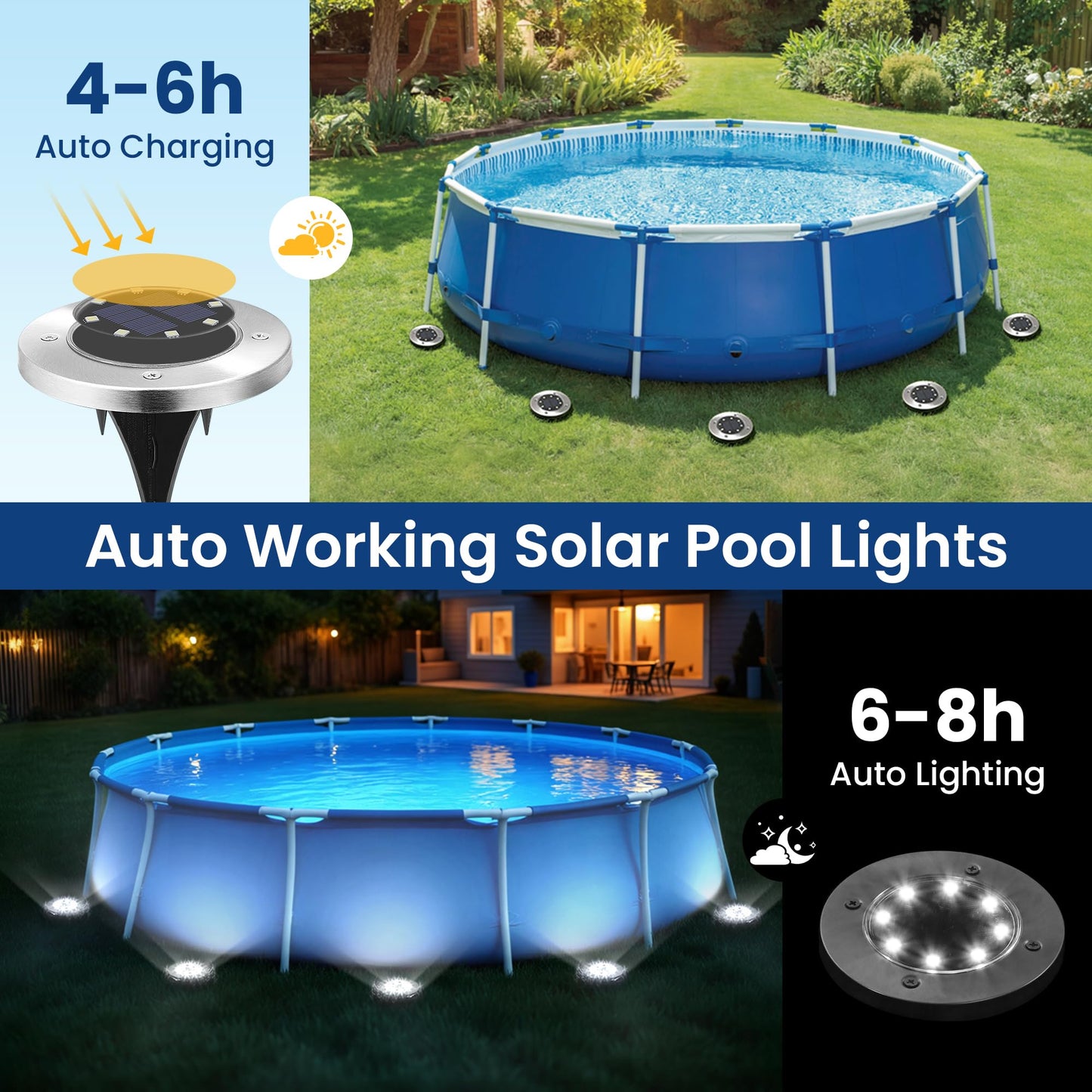 SOLPEX 6 Pack Solar Pool Lights for Above Ground Pools, Waterproof LED Above Ground Pool Lights, Outdoor Pool Decoration Accessories(Cool White)
