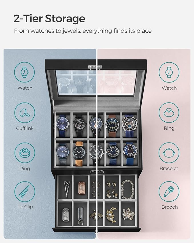SONGMICS Watch Box, 20-Slot Watch Case Organizer with Large Glass Lid, Removable Pillows, Metal Lock, Gift for Loved Ones, Black Synthetic Leather, Gray Lining UJWB006V1