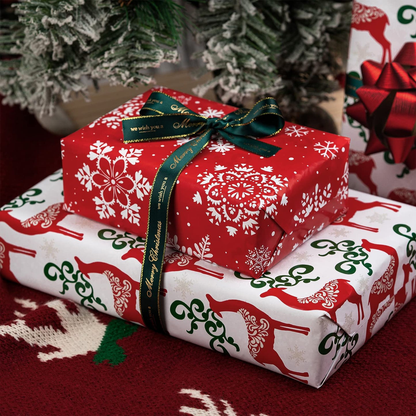 MAYPLUSS Christmas Reversible Wrapping Paper Jumbo Roll - 30 Inches x 100 Feet - Red Green Reindeer and Snowflakes
