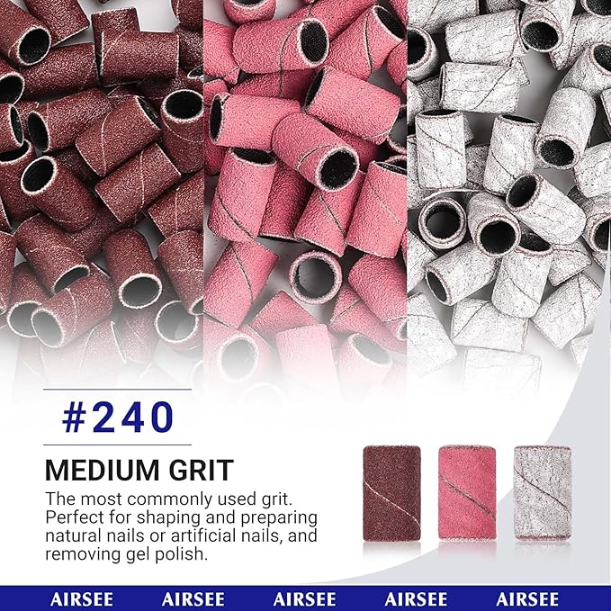 AIRSEE Sanding Bands for Electric Nail Drill 100 Piece Set 240 Grit Fine Acrylic File Attachments Professional 1 Sander Mandrel Bit Beauty Salon Accessories Manicure and Pedicure Finger Callus Pink