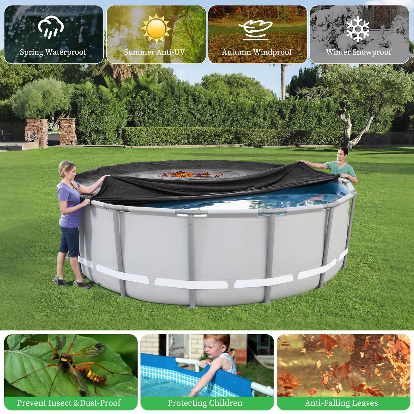 10Ft Round Pool Cover,Heavy Duty Waterproof Round Pool Covers for Above Ground Pools with Ground Nails and Windproof Ropes,Increase Stability&Tear-Resistant, Waterproof and Dustproof, Black