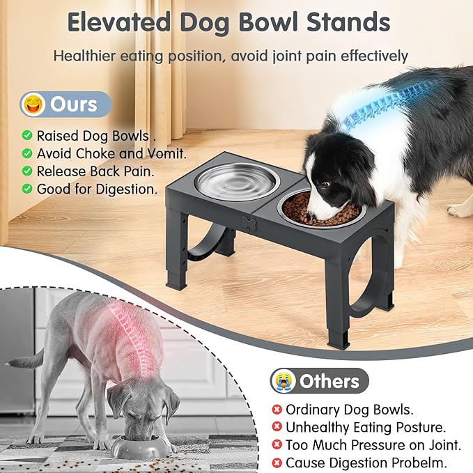 XIAZ Elevated Dog Bowls Large Breed Raised Dogs Bowl Stand Large/Medium Sized Dog Stainless Steel Food Water Bowl Stands 5 Heights Adjustable 9/11/12/14in Pet Feeder Dish Station