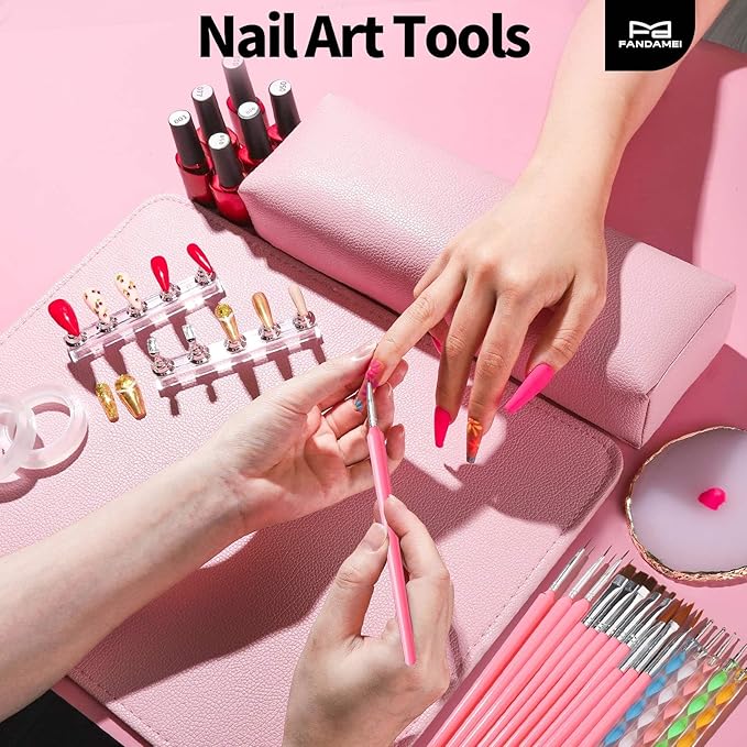 FANDAMEI Nail Art Brushes, Nail Brush Set With Nail Stand, Nail Holder For Painting Nails, Nail Art Tools, Nail Design Tools, 11PCS Nail Brushes For Nail Art, Nail Dotting Tool, Nail Art Palette, Pink