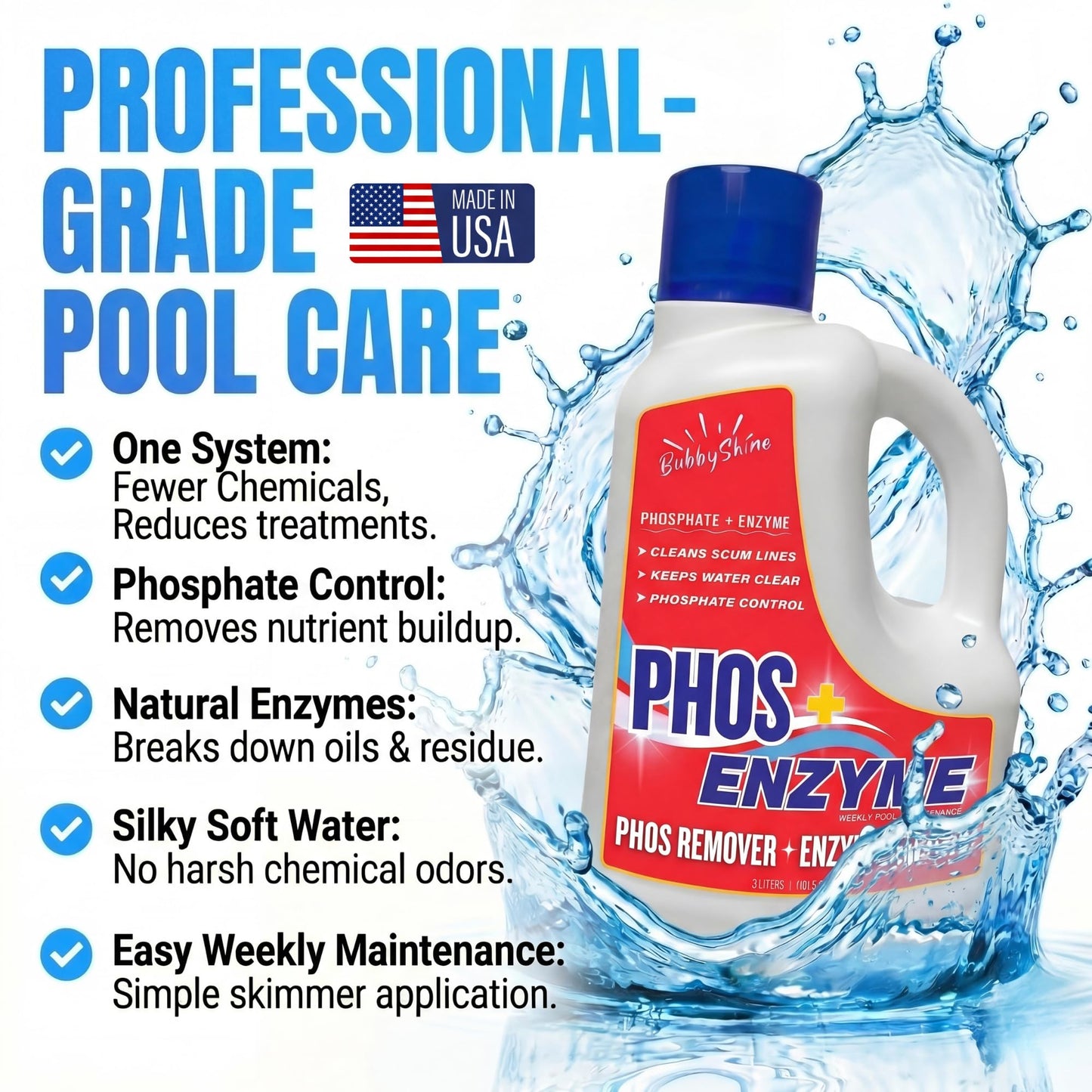 Pool Phosphate Remover and Pool Clarifier Enzyme, Weekly Pool Treatment, Saltwater Safe Pool Chemicals for Inground & Above Ground Pools, 3 Liter – BubbyShine