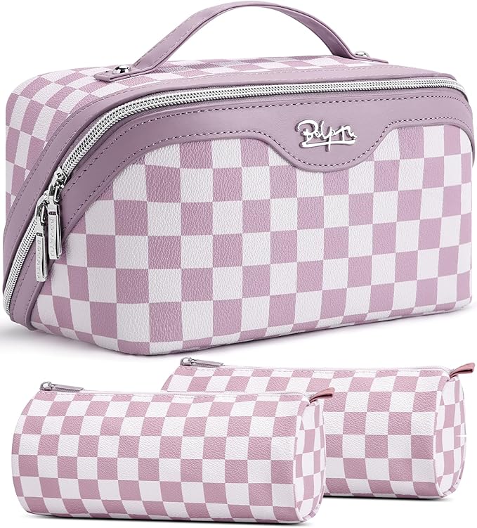 BOYATU Travel Makeup Bag Organizer Cosmetic Bag: 3 Pcs Set Make up Bags for Women with Handle - Waterproof Vegan Leather Toiletry Bag (01-G-Purple)