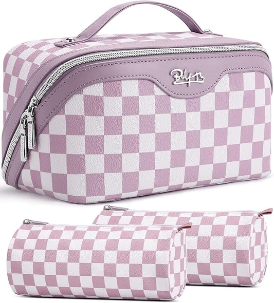BOYATU Travel Makeup Bag Organizer Cosmetic Bag: 3 Pcs Set Make up Bags for Women with Handle - Waterproof Vegan Leather Toiletry Bag (01-G-Purple)