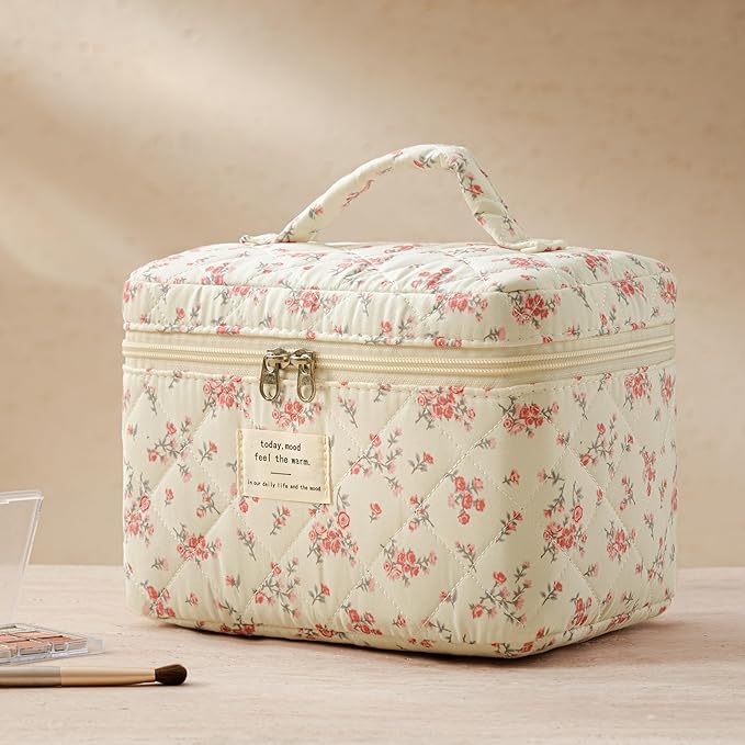 HBselect Quilted Makeup Bag, 3PCS Cotton Large Travel Makeup Bag, Cute Floral Coquette Make up Bag Cosmetic Bag Toiletry Bag for Women Girls
