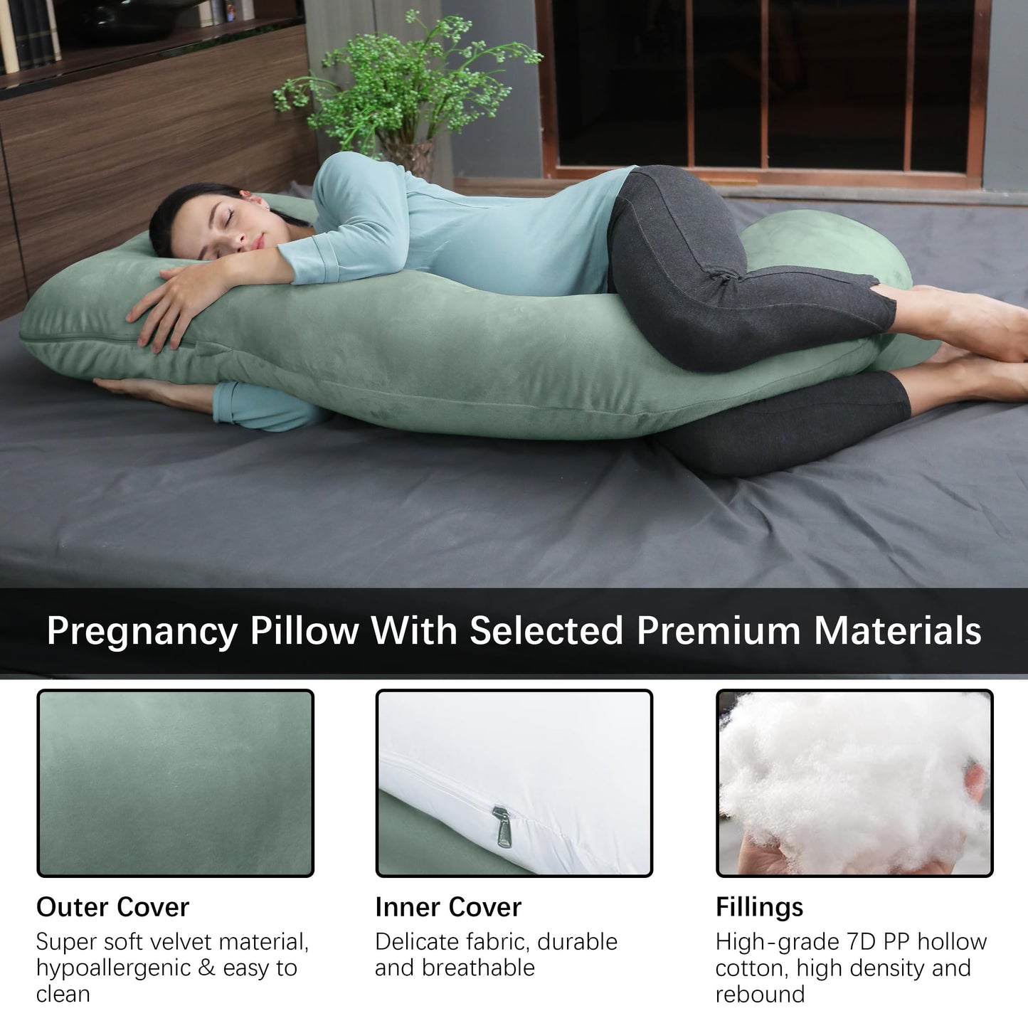 MOON PARK Pregnancy Pillows for Sleeping - U Shaped Full Body Maternity Pillow with Removable Cover - Support for Back, Legs, Belly, Hips - 57 Inch Pregnancy Pillow for Women - Green