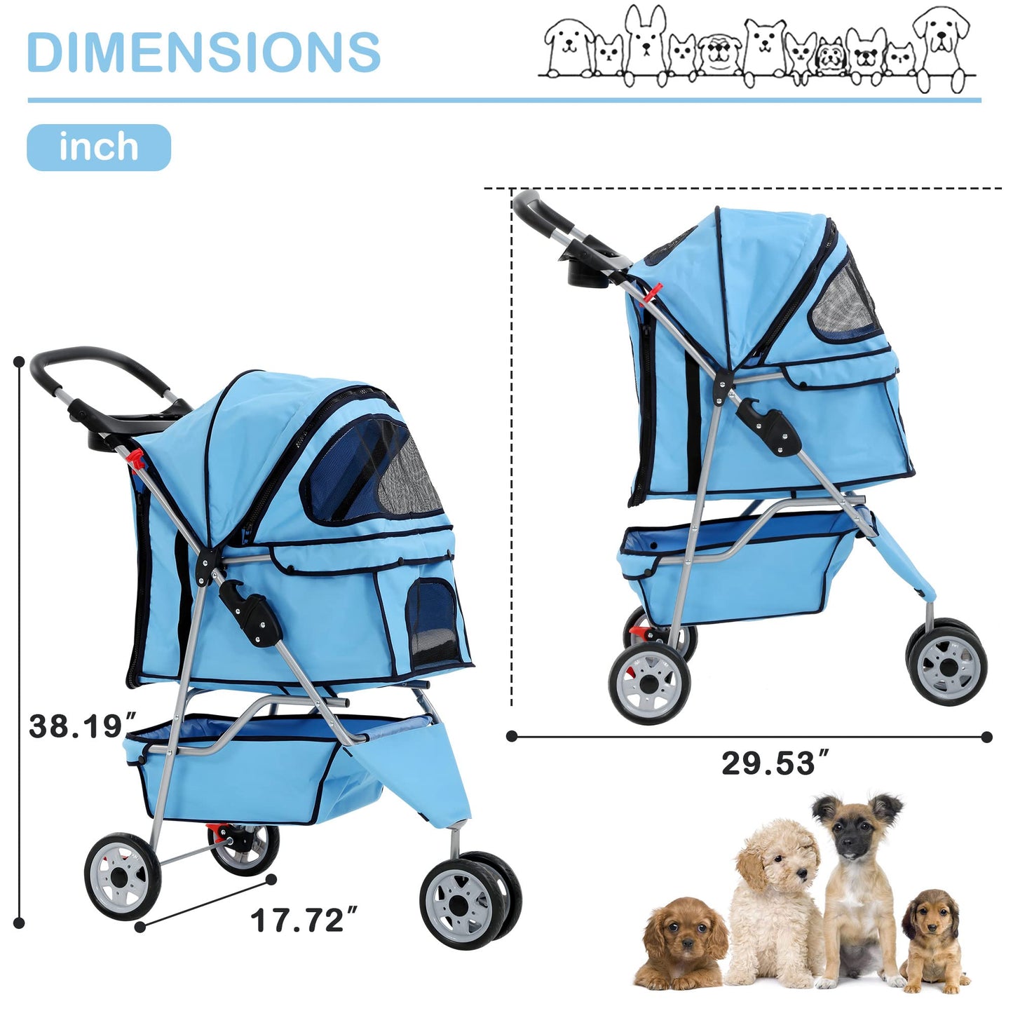 3 Wheels Dog Stroller, Foldable Pet Stroller for Small Medium Dogs, Portable Breathable Cat Stroller Dog Strollers with Storage Basket, Cup Holders, Removable Liner for Travel & Outdoor Use, Blue