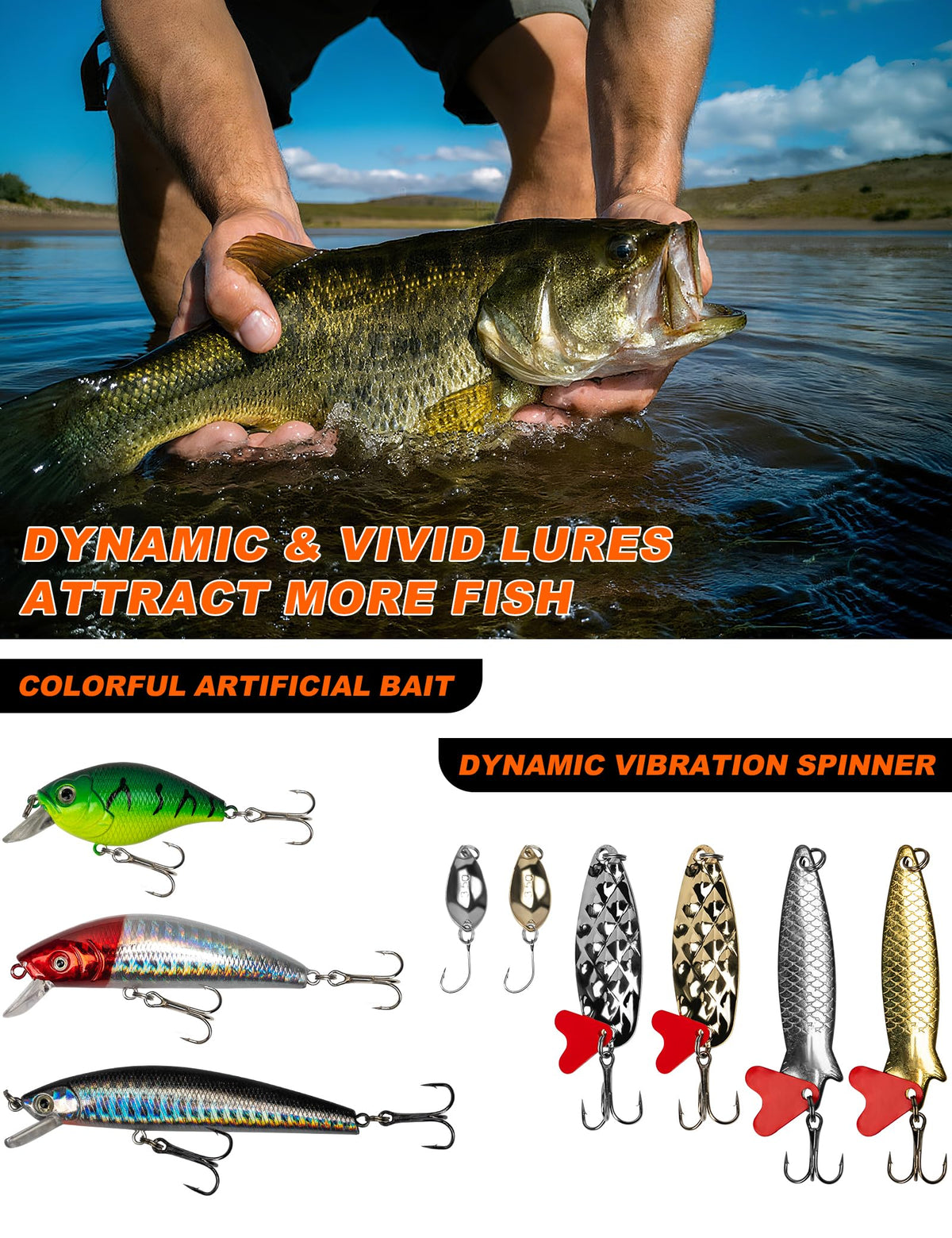 Pullther fishing Fishing Lures,380Pcs Tackle Box with Tackle Included, Fishing Gear with Frogs,Soft Baits, Hooks & Other Accessories,Fishing Bait Kit for Bass Trout