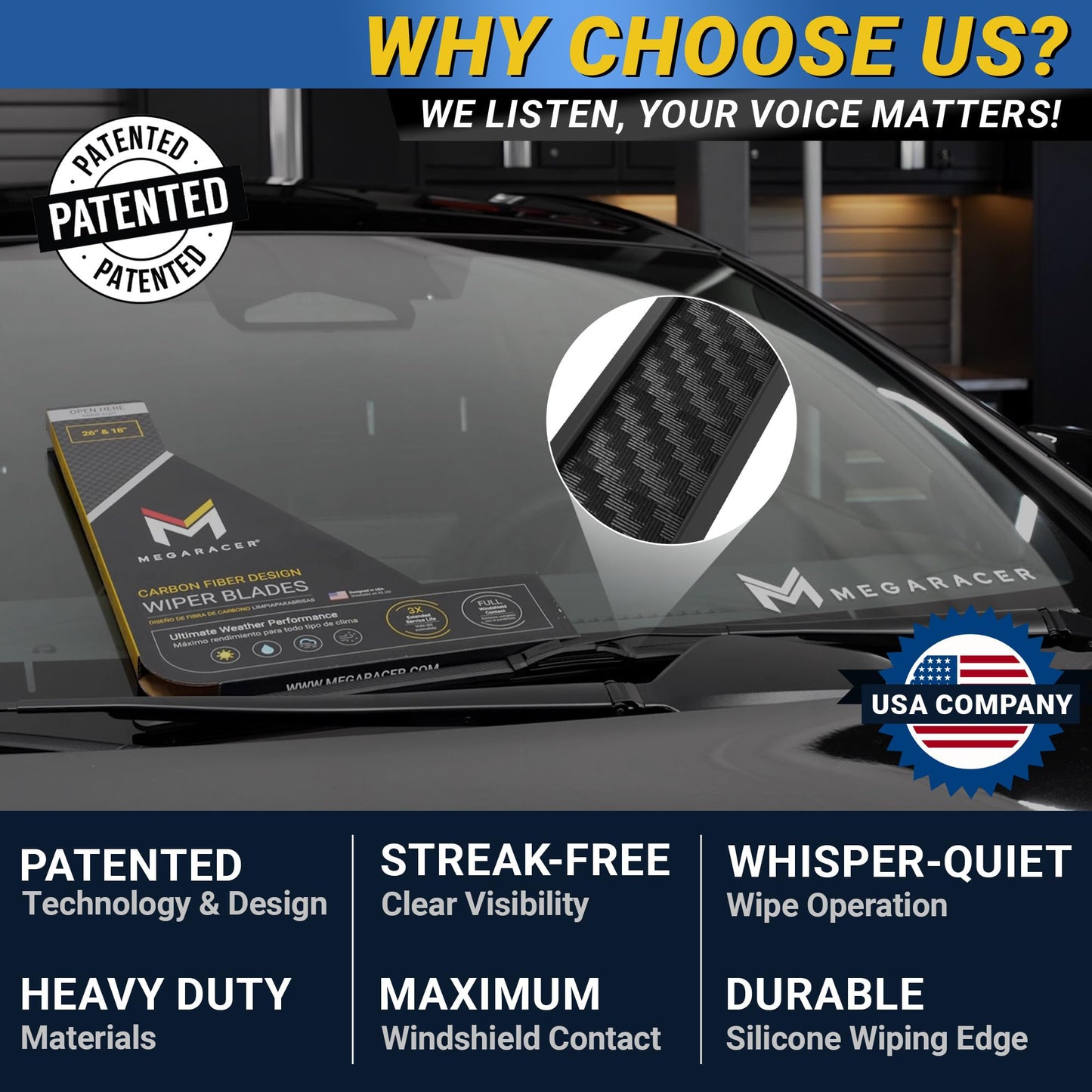 Premium Silicone Carbon Fiber Windshield Wiper Blades 24" & 17" - Patented All-Season, Quiet & Smooth Streak-Free Clean Wipe, OEM Quality, Front Automotive Replacement Wipers for Car & Truck (2 Pack)