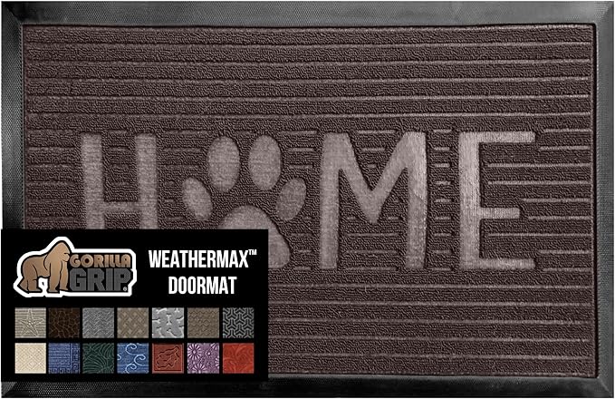GORILLA GRIP 100% Waterproof All-Season WeatherMAX Doormat US Designed Natural Rubber, Stain and Fade Resistant, Low Profile Indoor Outdoor Door Mats, Easy Clean Patio Mat, Espresso Home Paw
