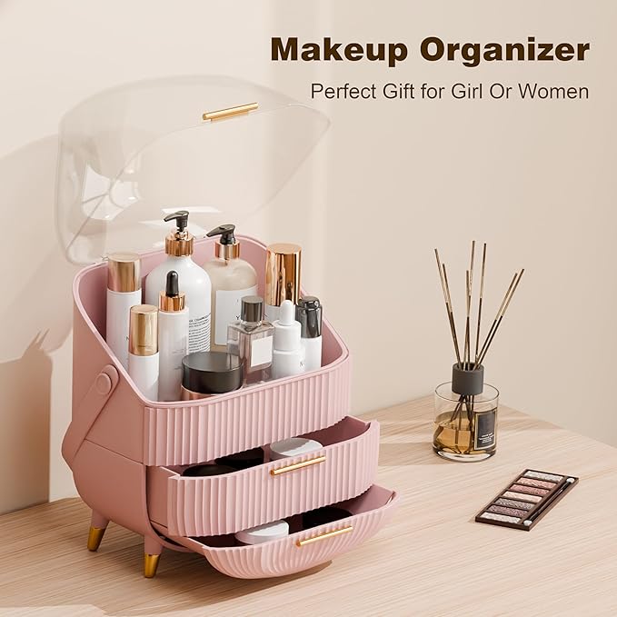 lurcns Vanity Organizer with Lid and Drawers, Beauty Skin Care Storage for Countertop, Birthday Gift for Teen Girls, 10 11 12 13 14 15 16 17 18 Year Old Girl Gifts, Pink Makeup Holder for Dresser | for Vanity