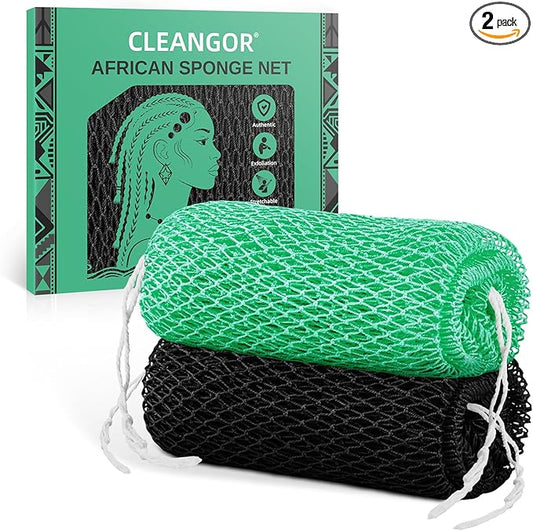 Cleangor 2Pcs African Net Sponge Authentic with Knots - Exfoliating Body Scrubber for All Skin Types, African Bath Sponge, Wash Cloth, Gentle Exfoliation Shower Rag for Women Daily Use