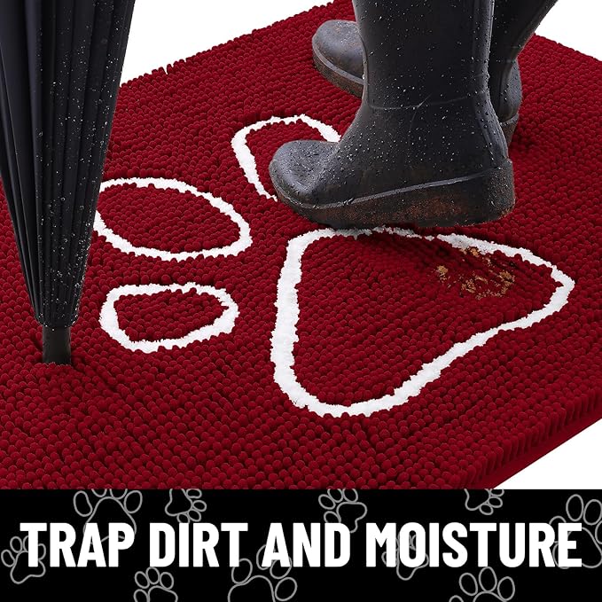 Smiry Dog Door Mat for Muddy Paws, Absorbent Dirt Trapper Non Slip Quick Dry Washable Chenille Mat for Mud Dogs, Entry Rug for Indoor and Outdoor (36x24 Inches, Red and White)