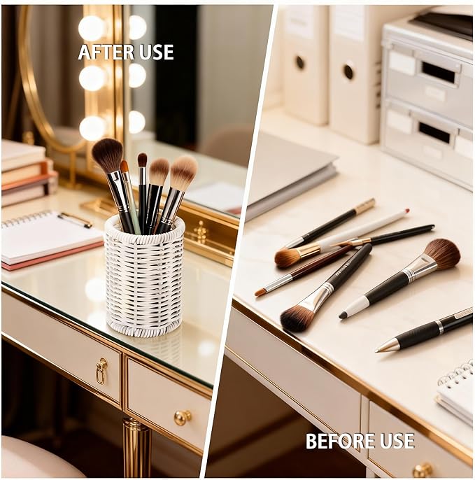 Rattan Jars, Car Storage Box, 4.13" x 4.92" Bathroom Essentials Accessories Decor, Round Vanity Storage Organizers, for Hair Accessories, Cotton Pads, Cotton Ball, Cosmetics, White (DP054)