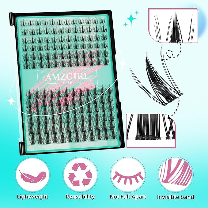 Manga Lash Clusters Kit 144PCS Fairy Eyelash Extension Kit with Lash Bond and Seal, Fake Eyelashes Clusters with Invisible Lash Band, Lash Glue Remover and Lash Applicators (8-18mm Kit,Black Bond)
