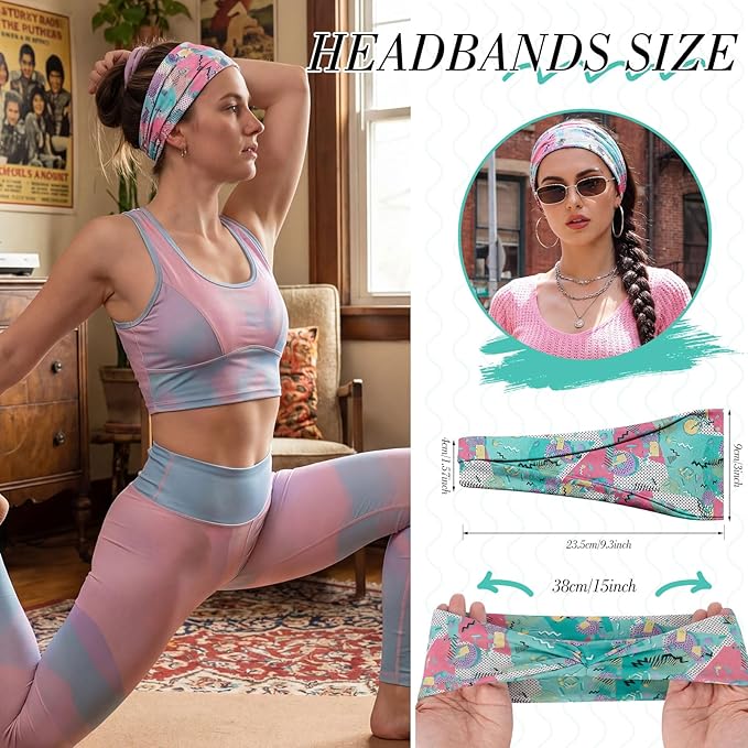 obeoby 8 Pack 80s Print Neon Headbands for Rave Outfits Women, 90s Retro Accessories Sport Hairbands for Party Style Festival Outfits Running Cycling