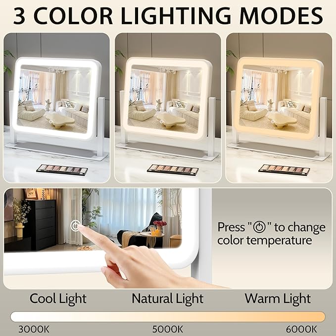 ROLOVE 14"x12"Vanity Mirror, Lighted Makeup Mirror for Vanity Desk, Smart Touch Control, 360° Rotation, 3-Color Modes, Gifts for Women, Bedroom, White
