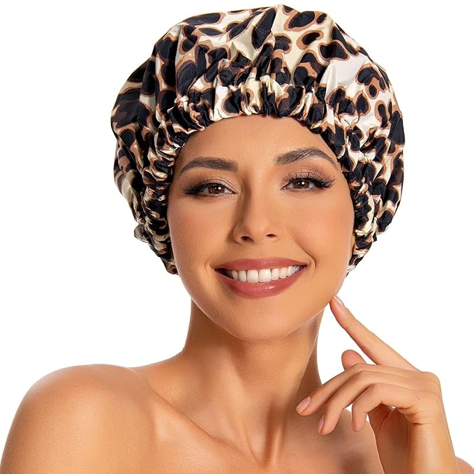 Reusable Shower Cap for Women, Large Waterproof Shower Bonnet with Elastic Band, Washable Bath Hair Cap for Long, Curly Hair, Braids, Daily Shower, Home Spa, Travel(Leopard)