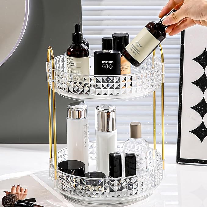 Fangoo 2 Tiers Clear Rotating Makeup Organizer for Vanity, 360 Spinning Skincare Organizers for Dresser Perfume Organizer Large Skincare Make up Storage Cosmetic Organizer for Bathroom Countertop