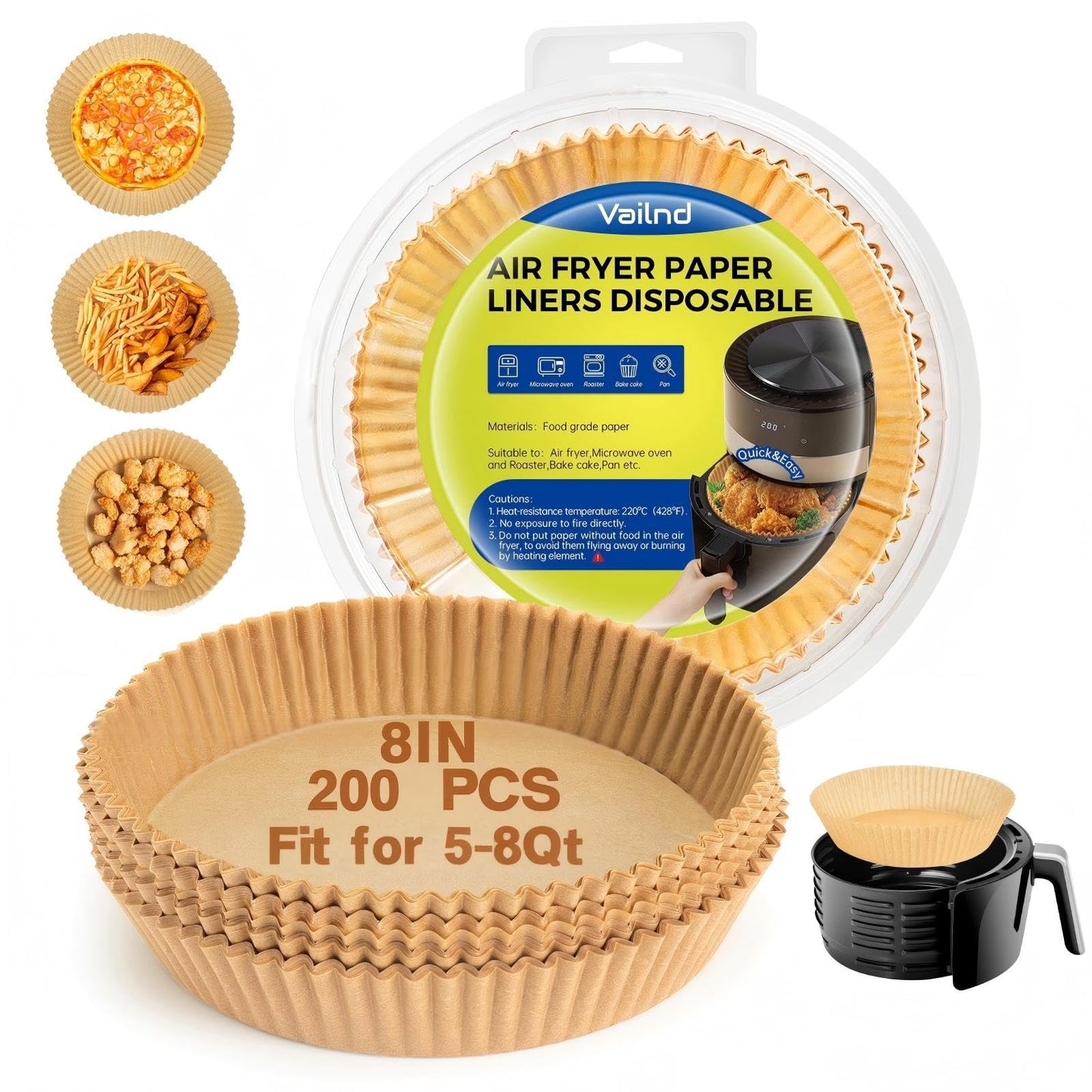 Air Fryer Liners Disposable, 200 PCS Unbleached Round Parchment Paper for Ninja 150/161 Gourmia Chefman Air Fryer, 8’’ Non-Stick & OilProof Baking Paper for 5-8 QT Basket by Vailnd