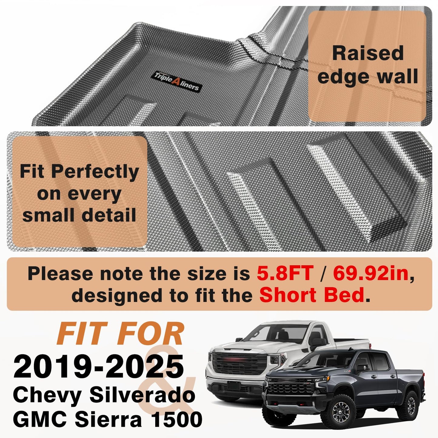 TripleAliners Truck Mat Compatible with 2019-2026 Chevy Silverado/GMC Sierra 1500 5.8FT Accessories, Truck Bed Mat Heavy Duty Custom Fit All Weather Protection TPE Pickup Liner