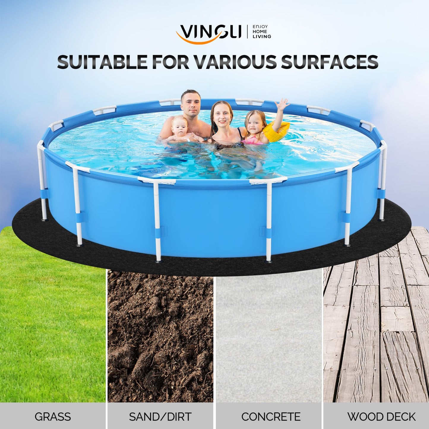 VINGLI 15 FT Pool Pad for Above Ground Pool, Upgraded Extra Thick Swimming Pool Liner Pad 15 FT Round, Prevent Punctures Weed Barrier, Under Pool Mat Pool Protection, Black