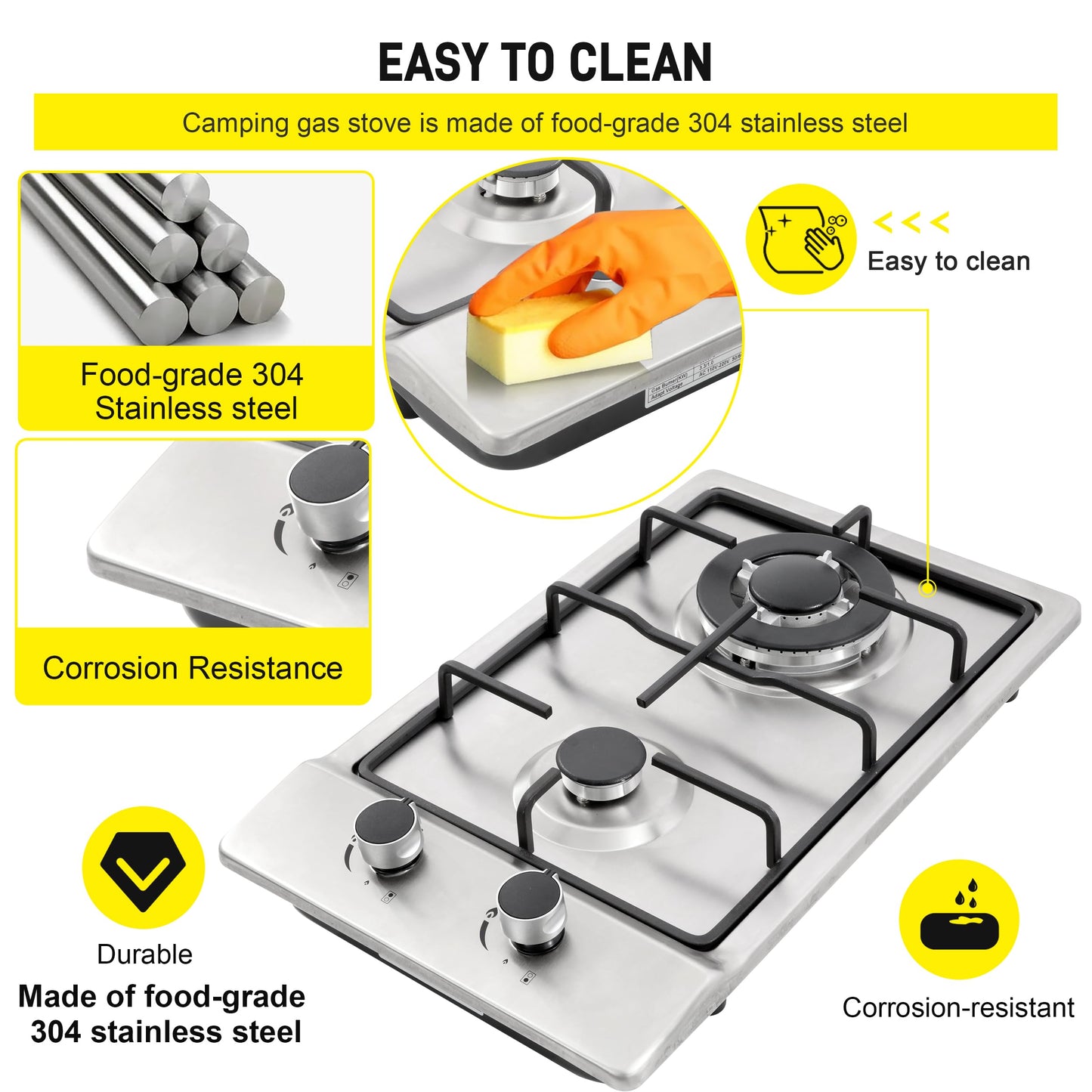Gas Cooktop12Inch,Built in Gas Cooktop 2 Burners Stainless Steel Stove with NG/LPG Conversion Kit Thermocouple Protection and Easy to Clean