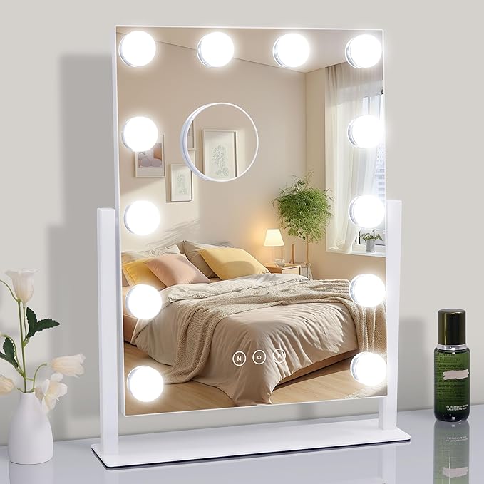 Vanity Makeup Mirror with Lights,3 Color Lighting Modes Detachable 10X Magnification Mirror Touch Control,360°Rotation, White (14.6Inch)