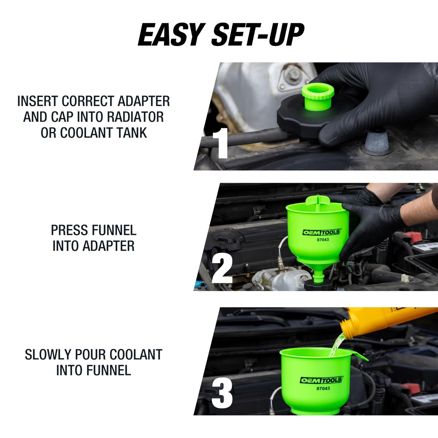 OEMTOOLS 87043 No-Spill Professional Quality Coolant Funnel Kit, Easily Fill Antifreeze Coolant Set Includes 5 Adapters, Extensions, and Automotive Funnel, Air Venting, Drip-Free, Green