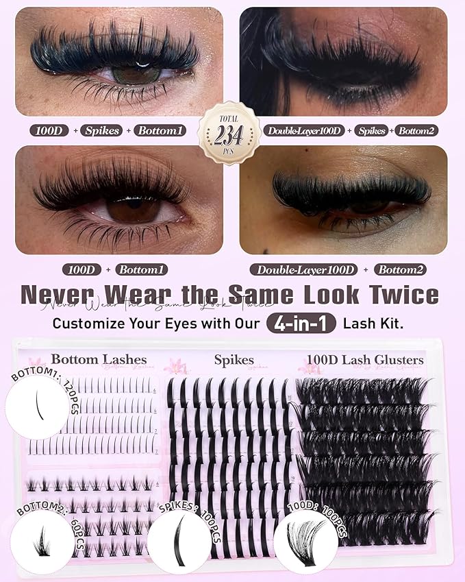 Wispy Lash Clusters with Spikes D Curl Eyelash Clusters with Bottom Lashes 100D Fairy Cluster Lashes Volume Cluster Eyelash Extensions 234PCS Fluffy Individual Lashes DIY Mink Spiky Lash Extension