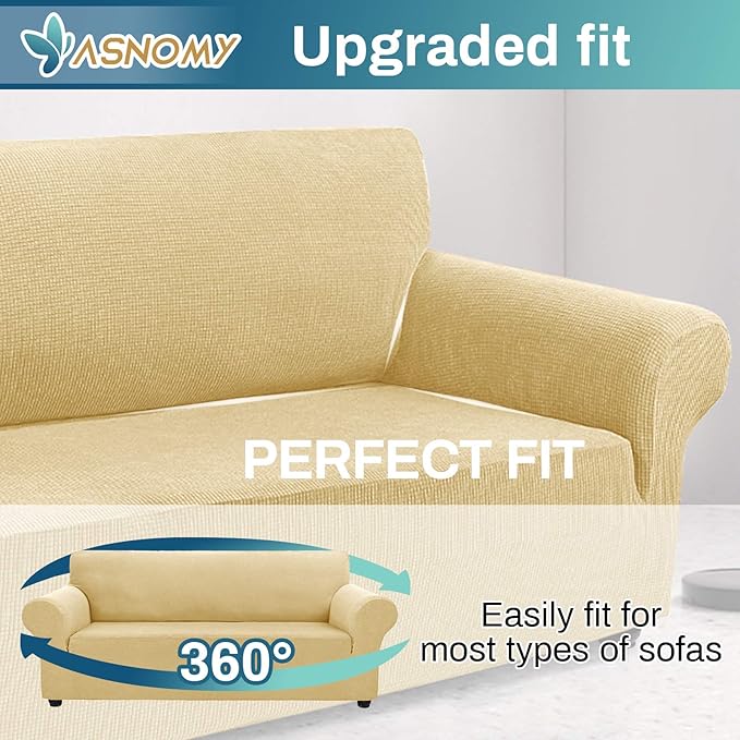 Asnomy Couch Covers for 3 Cushion Couch Stretch Sofa Covers Slipcovers, Pet Protector Furniture Covers for Dogs Cats Spandex Jacquard Fabric Small Checks（X-Large，Champagne）