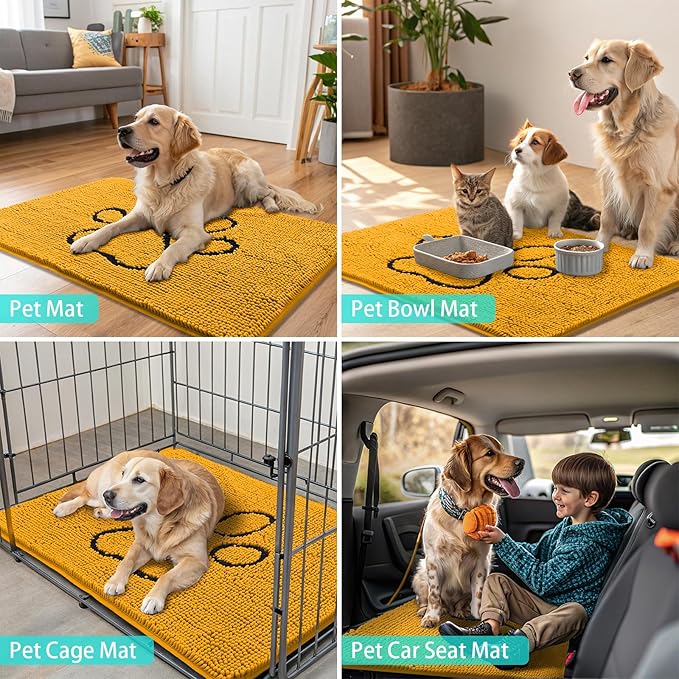 Smiry Dog Door Mat for Muddy Paws, Absorbent Dirt Trapper Non Slip Quick Dry Washable Chenille Mat for Mud Dogs, Entry Rug for Indoor and Outdoor (36x24 Inches, Golden Yellow and Black)
