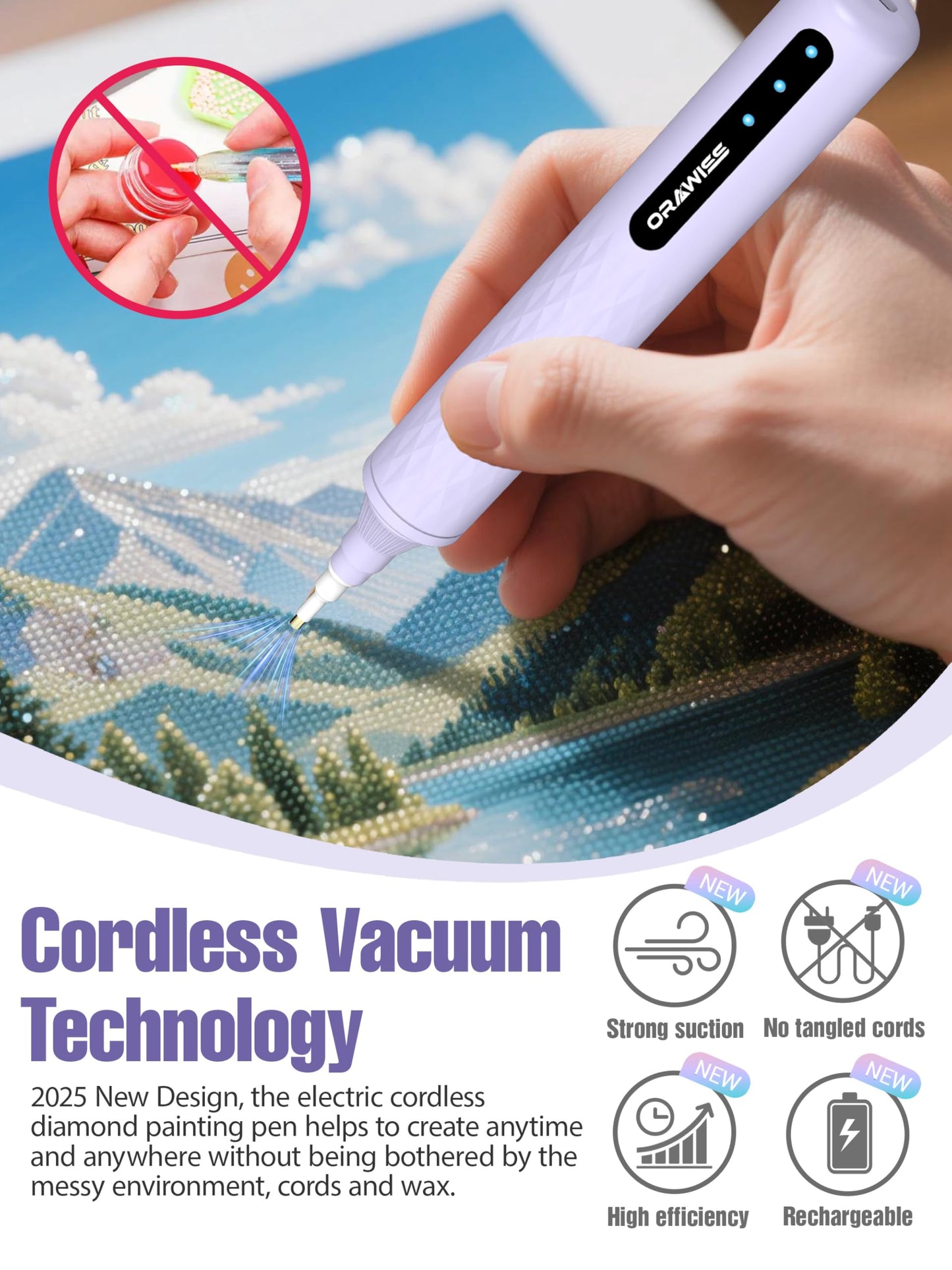 Electric Diamond Painting Pen, Vacuum Diamond Art Pen no Wax Needed | Cordless & Quiet | Rechargeable Battery | Lightweight | Diamond Art Accessories for Adults | Gift for Gem Dimond Art Fans - purple