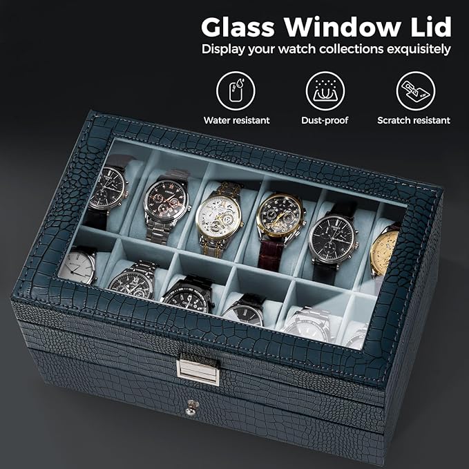 ProCase Watch Box, 12 Slot Mens Watch Case With Drawer, 2-Layer Watch Display Case With Glass Lid, Mens Jewelry Box Storage Holder Organizer, Birthday Valentine Gifts for Men -12Slot, CrocCobaltBlue
