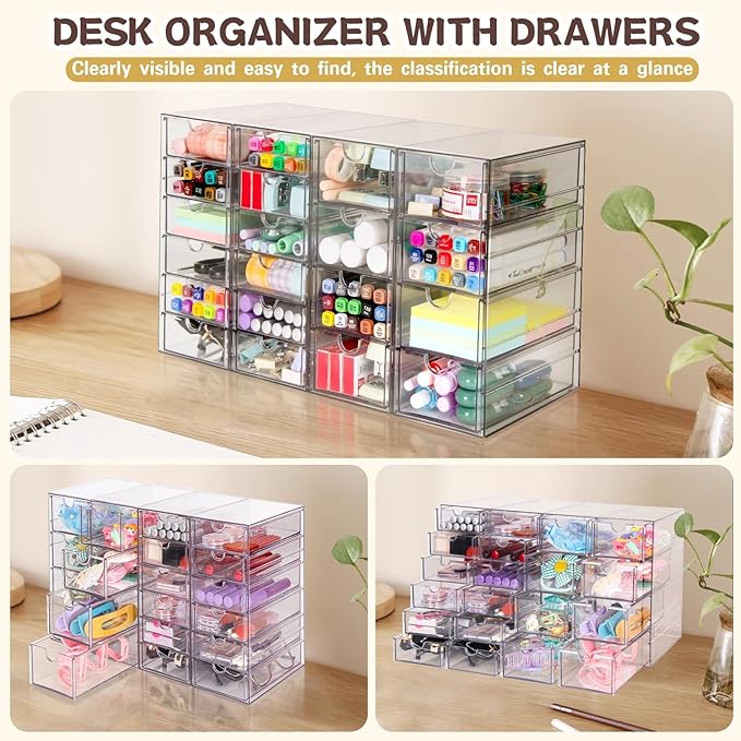 VZKAH Acrylic Organizer with Drawers | 20 Drawers 4 Sets | Desk Organizer and Storage, Clear Makeup Organization, For Office/Art Supply/Craft Storage and Organization
